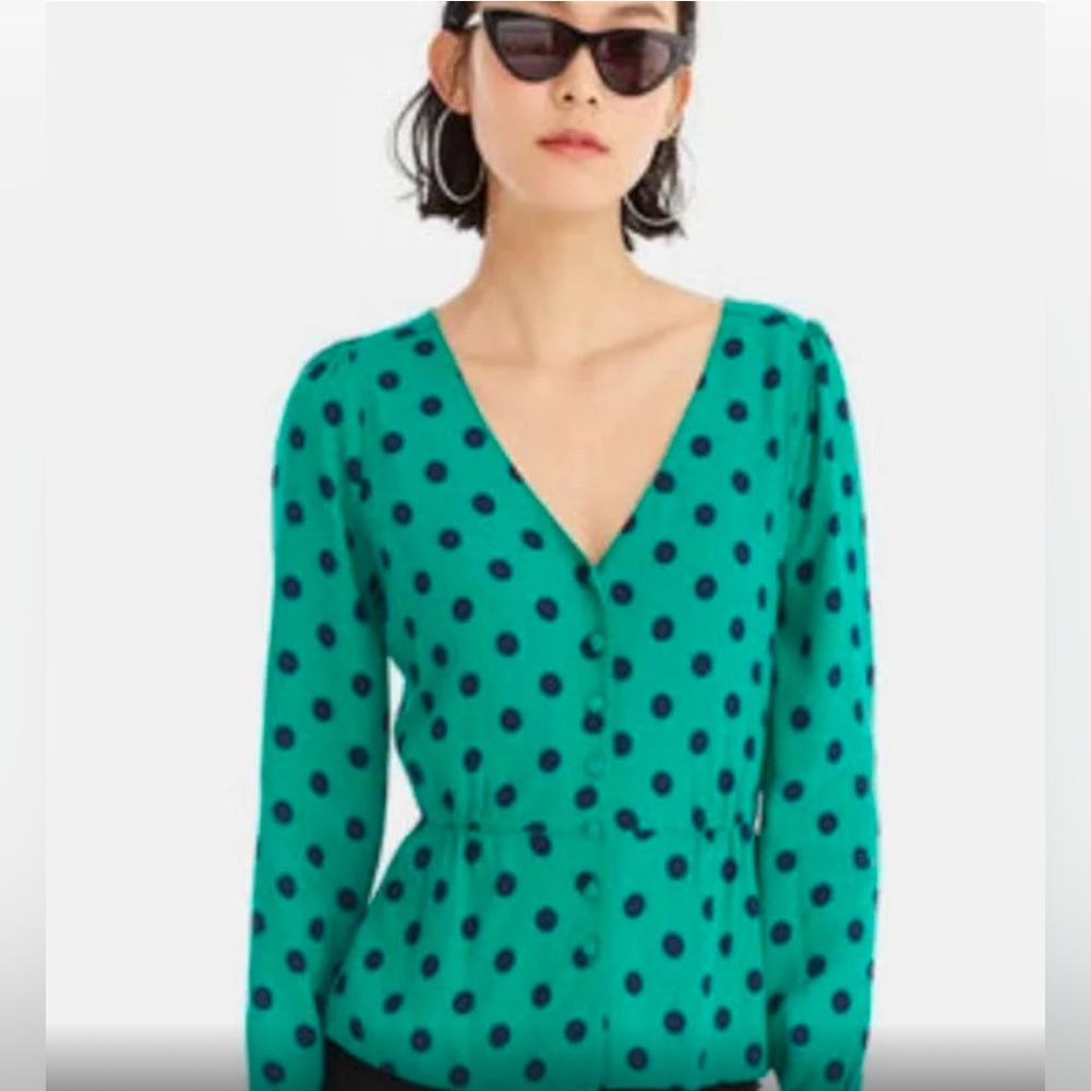 J. Crew Polka Dot V-Neck Blouse - Green Size 0